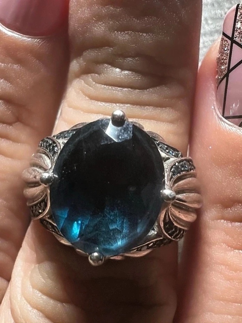 Sterling Silver 925 Cocktail Ring Oval Blue Stone and blue diamonds